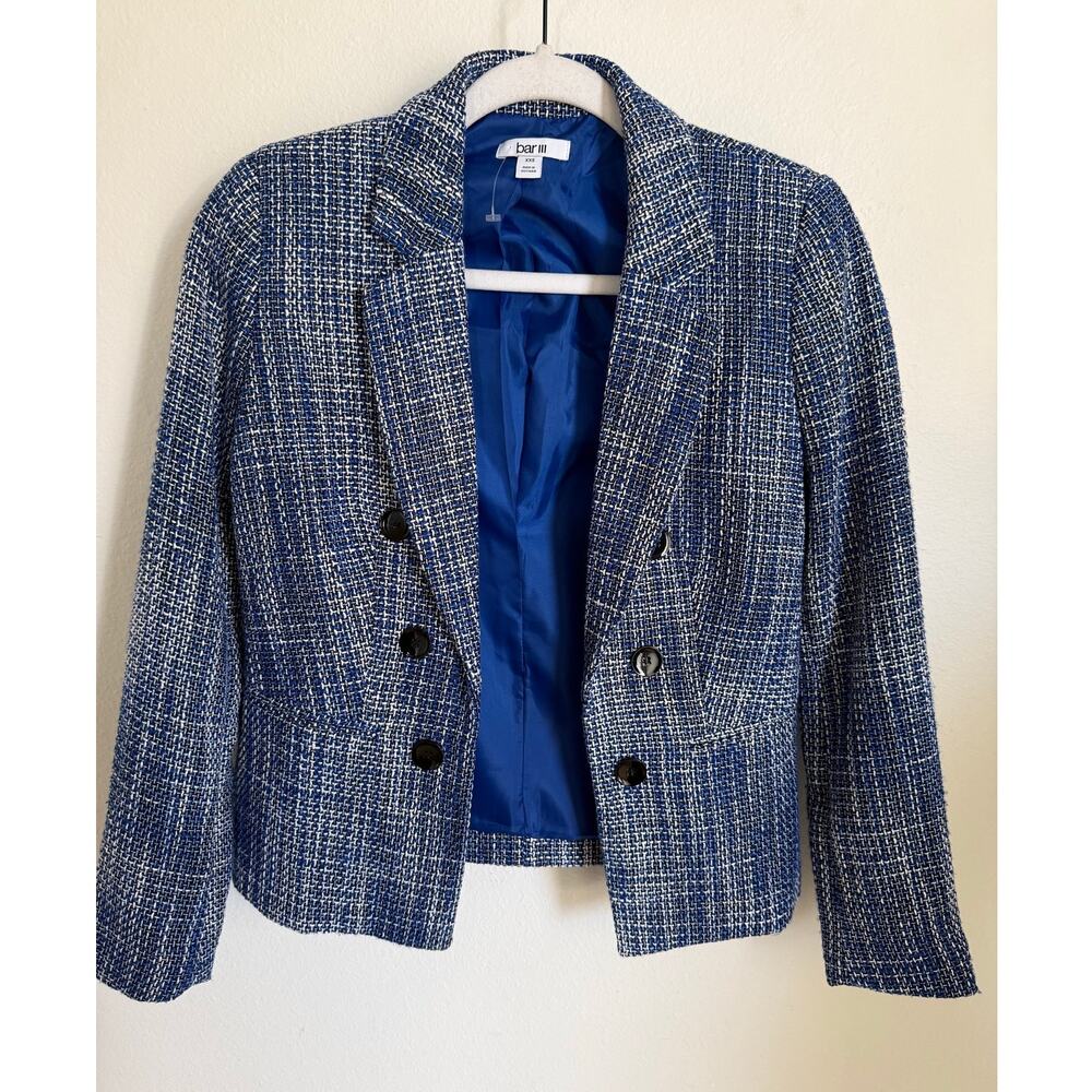 NWOT Bar‎ III Women’s Blue Tweed Double Breasted Blazer Open Front Jacket Sz XXS